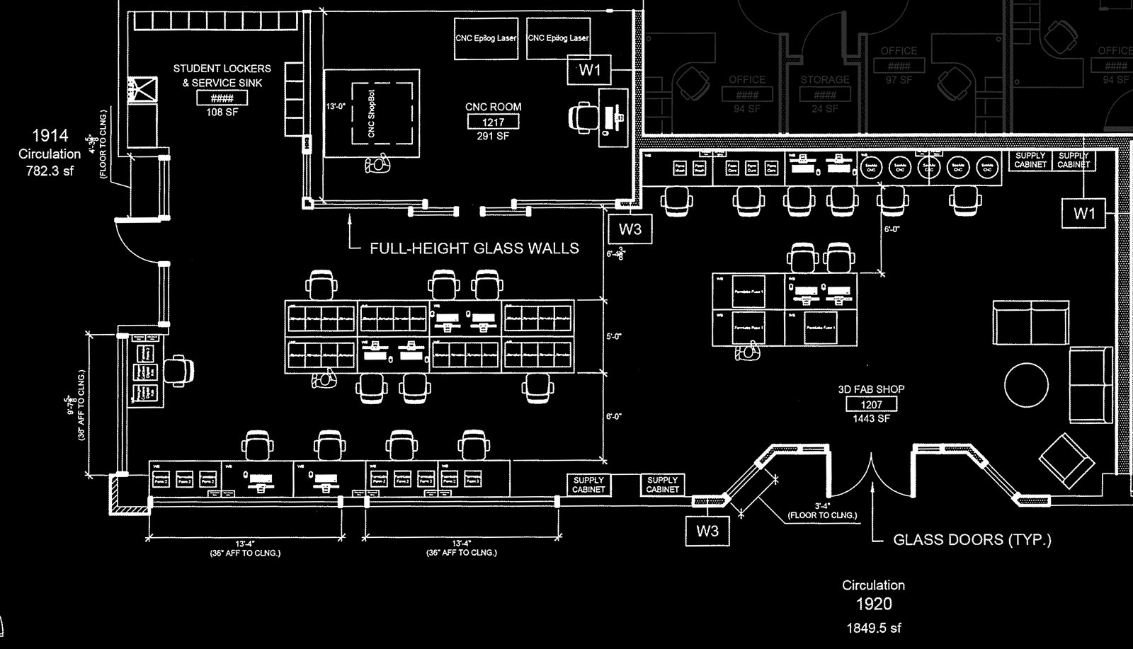  An early blueprint of the new space. Though this image is outdated, the space is intended to have 9ft-tall windows at the front, a separate sound-proof CNC room in the back, and dozens of workbenches for student use. 